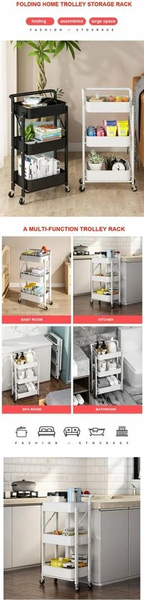 TammaT Inklapbare Keukentrolley - Keukentrolley Op Wieltjes - Serveerwagen - Keuken Trolley Metaal - Zwart - 89,5*44*30cm 11 TammaT Inklapbare Keukentrolley - Keukentrolley Op Wieltjes - Serveerwagen - Keuken Trolley Metaal - Zwart - 89,5*44*30cm - Afbeelding 9