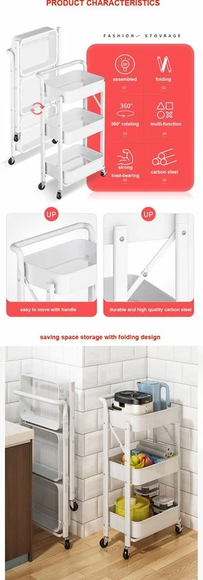 TammaT Inklapbare Keukentrolley - Keukentrolley Op Wieltjes - Serveerwagen - Keuken Trolley Metaal - Zwart - 89,5*44*30cm 6 TammaT Inklapbare Keukentrolley - Keukentrolley Op Wieltjes - Serveerwagen - Keuken Trolley Metaal - Zwart - 89,5*44*30cm - Afbeelding 4