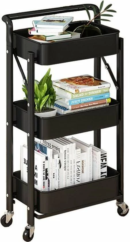 TammaT Inklapbare Keukentrolley - Keukentrolley Op Wieltjes - Serveerwagen - Keuken Trolley Metaal - Zwart - 89,5*44*30cm 3 TammaT Inklapbare Keukentrolley - Keukentrolley Op Wieltjes - Serveerwagen - Keuken Trolley Metaal - Zwart - 89,5*44*30cm