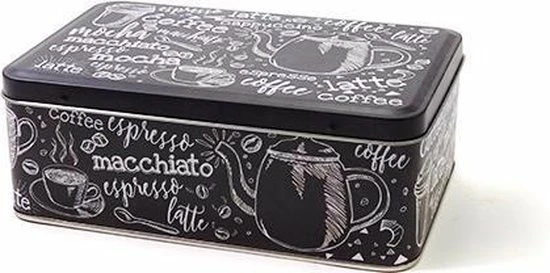 Blikgeschenken Koektrommel/cakeblik/bewaarblik/opbergblik - Rechthoekig - Scharnierdeksel - Koffieprint 3 Blikgeschenken Koektrommel/cakeblik/bewaarblik/opbergblik - Rechthoekig - Scharnierdeksel - Koffieprint