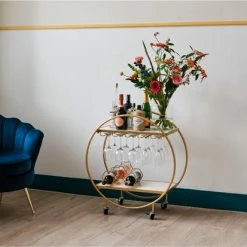 KANDR Bar Cart - Wijn Tafel - Serveer Trolley - Serveerwagen - Keukentrolley - Op Wielen - Rond - Goud