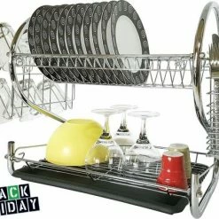 Borvat® | Luxe Metalen Afdruiprek Met Lekbak | Afwas Druiprek | Vaatwasser Rek Met Bestekmand | RVS | 2 Etages | Verchroomd