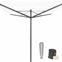 Brabantia Lift-O-Matic Droogmolen Met Metalen Grondanker, Beschermhoes, Wasknijpertasje En Wasknijpers - 50 M - Anthracite