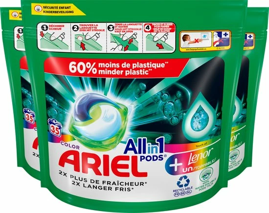 Ariel All In 1 Wasmiddel Pods + Touch Van Lenor Unstoppables - Wascapsules - Voordeelverpakking - 3 X 35 Wasbeurten 3 Ariel All In 1 Wasmiddel Pods + Touch Van Lenor Unstoppables - Wascapsules - Voordeelverpakking - 3 X 35 Wasbeurten