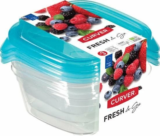 Curver Set Fresh&Go Vierkant - 3x0,25l - Transparant /Blauw 3 Curver Set Fresh&Go Vierkant - 3x0,25l - Transparant /Blauw