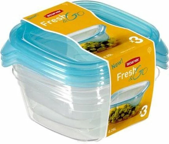 Curver Set Fresh&Go Vierkant - 3x0,25l - Transparant /Blauw 5 Curver Set Fresh&Go Vierkant - 3x0,25l - Transparant /Blauw - Afbeelding 3