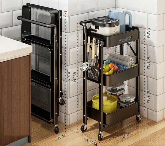 TammaT Inklapbare Keukentrolley - Keukentrolley Op Wieltjes - Serveerwagen - Keuken Trolley Metaal - Zwart - 89,5*44*30cm 10 TammaT Inklapbare Keukentrolley - Keukentrolley Op Wieltjes - Serveerwagen - Keuken Trolley Metaal - Zwart - 89,5*44*30cm - Afbeelding 8