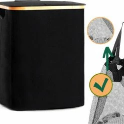 BrandtBergkamp Opvouwbare Wasmand Met Deksel – Wassorteerder – Wasmanden – Wasmand Bamboe – Zwart - 60Liter