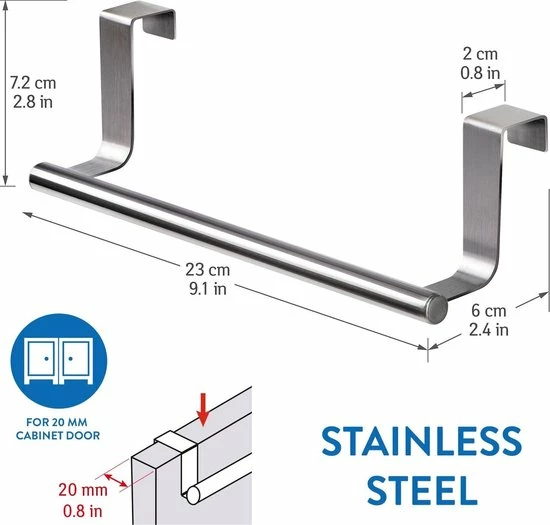 Tatkraft HORIZON - RVS Kastdeur Handdoekrek - Keukenkast Deur Handdoek/Vaatdoek Houder Rek Stang Hanger - Towel Rack Kast Deurhanger Deurhaak Keuken - 23CM - Set Van 2 Stuks 7 Tatkraft HORIZON - RVS Kastdeur Handdoekrek - Keukenkast Deur Handdoek/Vaatdoek Houder Rek Stang Hanger - Towel Rack Kast Deurhanger Deurhaak Keuken - 23CM - Set Van 2 Stuks - Afbeelding 5
