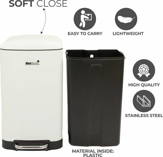 MaxxHome Pedaalemmer Retro - Prullenbak - 30L - Metaal - Mat - Geruisloos - 62cm - Wit 9 MaxxHome Pedaalemmer Retro - Prullenbak - 30L - Metaal - Mat - Geruisloos - 62cm - Wit - Afbeelding 7