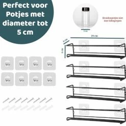 Mmoods Kruidenrek Ophangbaar Zonder Boren - 4 Laags Voor 24 Kruidenpotjes - Speciaal Voor Muur, Wandkast, Kastdeur - Hangende Kruidenorganizer Keuken - Keukenaccessoires -BISSELL-Winkel 550x550 127