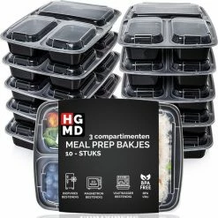 HGMD® Meal Prep Bakjes - 10 Stuks - 3 Compartimenten - Lunchbox - Diepvriesbakjes - Vershoudbakjes - Plastic Bakjes Met Deksel - Magnetron Bakjes Met Deksel - Meal Prep - Vershouddoos - 1L - BPA Vrij