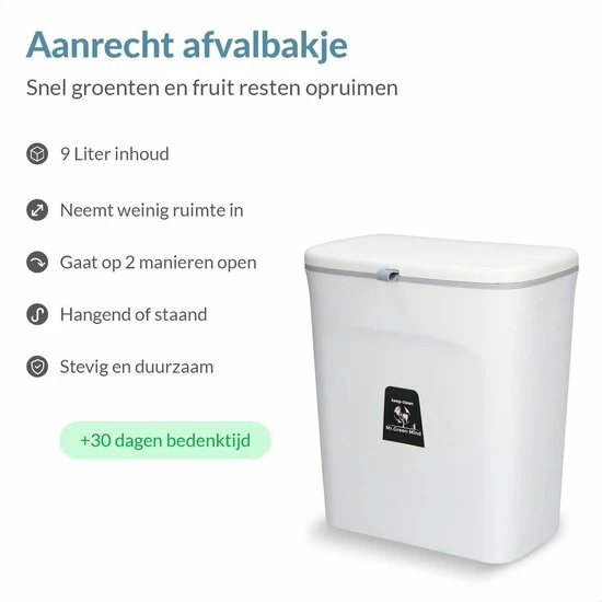 Mr. Green Mind 9L Prullenbak – Hangen Of Staan – Aanrecht Afvalbakje – GFT Afvalbak – Wit - Goed Sluitende Deksel - Geen Geur En Fruitvliegen - Afvalscheiding 9 Mr. Green Mind 9L Prullenbak – Hangen Of Staan – Aanrecht Afvalbakje – GFT Afvalbak – Wit - Goed Sluitende Deksel - Geen Geur En Fruitvliegen - Afvalscheiding - Afbeelding 7