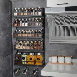 Spice Rack Wandmontage,Kruidenrek Met 5 Niveaus In Hoogte Verstelbare Kruidenorganizer Plank Opslag Voor Keukenkastdeur, Tweeërlei Gebruik Kruidenhouder Met Haken, Zwart Patent In Afwachting