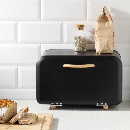 Navaris Metalen Broodtrommel Met Klapdeksel - Vershouddoos Voor Brood - 35 X 24 X 23 Cm - Van Ijzer Met Houten Details In Zwart 9 Navaris Metalen Broodtrommel Met Klapdeksel - Vershouddoos Voor Brood - 35 X 24 X 23 Cm - Van Ijzer Met Houten Details In Zwart - Afbeelding 7