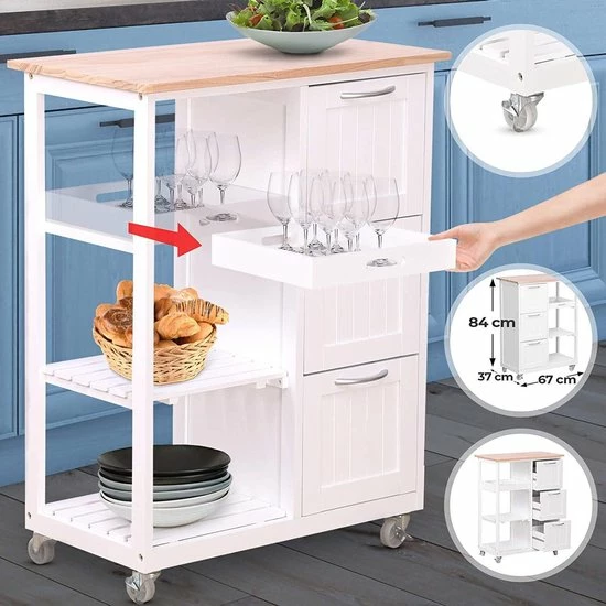 Chimb Keuken Trolley Op Wieltjes - 3 Lades En 3 Plankjes - Wit 5 Chimb Keuken Trolley Op Wieltjes - 3 Lades En 3 Plankjes - Wit - Afbeelding 3