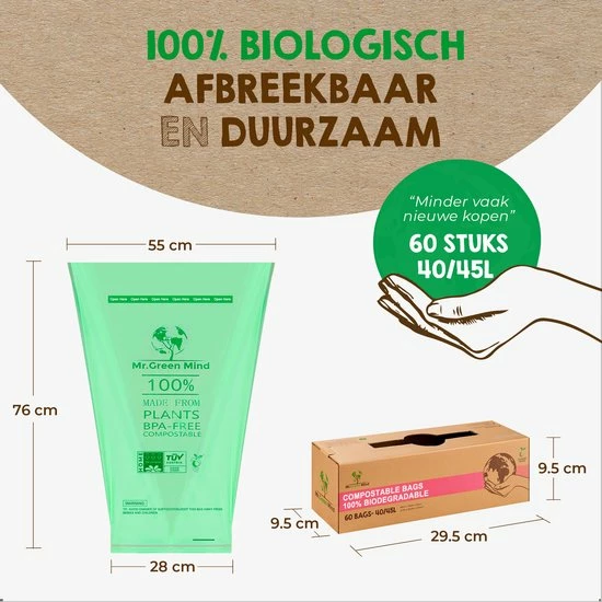 Mr. Green Mind Biozakken 40/45 Liter 60 Stuks Biologisch Afbreekbare Afvalzakken – 55 X 76 Cm - 100% Composteerbare Vuilniszakken - Incl. Dispenser - Gft Afvalzakken 6 Mr. Green Mind Biozakken 40/45 Liter 60 Stuks Biologisch Afbreekbare Afvalzakken – 55 X 76 Cm - 100% Composteerbare Vuilniszakken - Incl. Dispenser - Gft Afvalzakken - Afbeelding 4