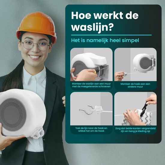 HMERCH Waslijn Uittrekbaar - 26 Meter Drooglengte - 2x Waslijndraad Voor Binnen & Buiten - Wasdraad - Roldrooglijn - Alternatief Voor Wasrek / Droogrek / Wanddroogrek - Drooglijn Oprolbaar 6 HMERCH Waslijn Uittrekbaar - 26 Meter Drooglengte - 2x Waslijndraad Voor Binnen & Buiten - Wasdraad - Roldrooglijn - Alternatief Voor Wasrek / Droogrek / Wanddroogrek - Drooglijn Oprolbaar - Afbeelding 4