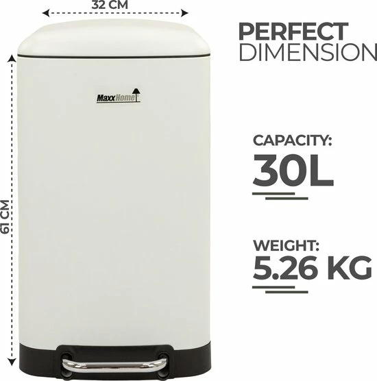 MaxxHome Pedaalemmer Retro - Prullenbak - 30L - Metaal - Mat - Geruisloos - 62cm - Wit 8 MaxxHome Pedaalemmer Retro - Prullenbak - 30L - Metaal - Mat - Geruisloos - 62cm - Wit - Afbeelding 6