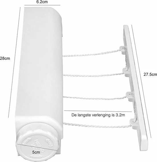 Wonix® - Roldrooglijn - Waslijn Uittrekbaar Tot 3.2 M - 4 Cables - 12.8m - Wit 5 Wonix® - Roldrooglijn - Waslijn Uittrekbaar Tot 3.2 M - 4 Cables - 12.8m - Wit - Afbeelding 3