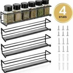 YORGS Kruidenrek Ophangbaar - Kruidenrekje Voor Potjes - Kruidenrekken Hangend 4 Stuks - Zwart - Inc Ophangmateriaal