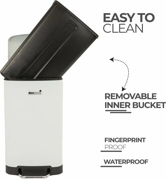 MaxxHome Pedaalemmer Retro - Prullenbak - 30L - Metaal - Mat - Geruisloos - 62cm - Wit 12 MaxxHome Pedaalemmer Retro - Prullenbak - 30L - Metaal - Mat - Geruisloos - 62cm - Wit - Afbeelding 10