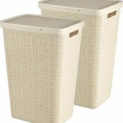 Curver Jute Wasmand Met Deksel 58L - 2 Stuks - Gebroken Wit - Recycled Kunststof