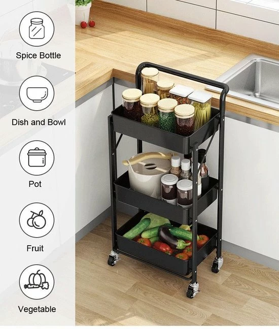 TammaT Inklapbare Keukentrolley - Keukentrolley Op Wieltjes - Serveerwagen - Keuken Trolley Metaal - Zwart - 89,5*44*30cm 9 TammaT Inklapbare Keukentrolley - Keukentrolley Op Wieltjes - Serveerwagen - Keuken Trolley Metaal - Zwart - 89,5*44*30cm - Afbeelding 7