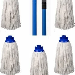 Merkloos Navulling Vloermop Mop Met Steel Blauw - 5 Dweilen Met 1 Dweilstok