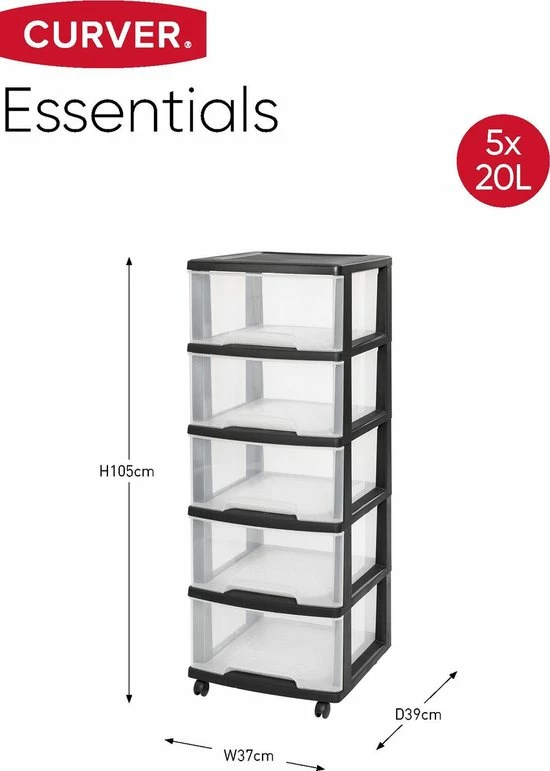 Curver Essentials Ladesysteem - 5x20 Liter - Zwart/transparant 4 Curver Essentials Ladesysteem - 5x20 Liter - Zwart/transparant - Afbeelding 2